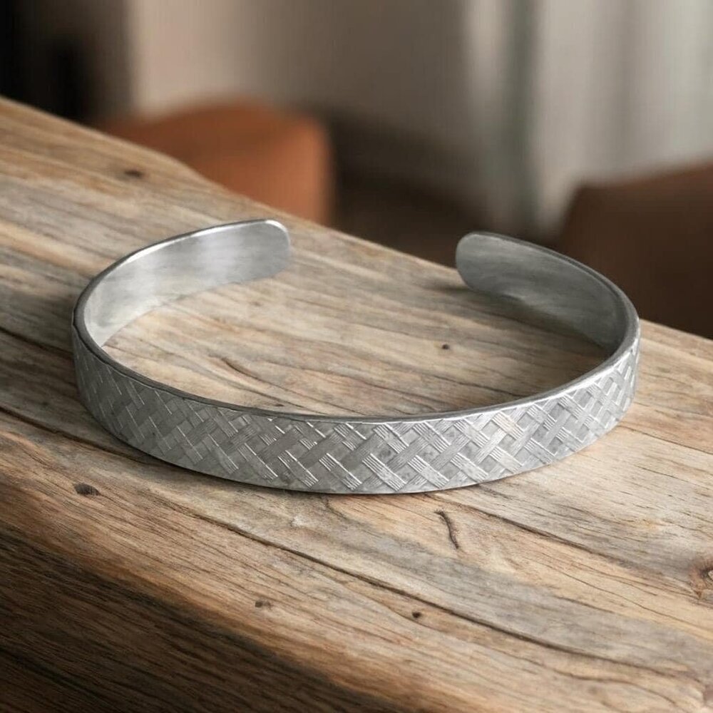 Brushed sterling silver woven tartan plaid pattern open cuff bangle bracelet.